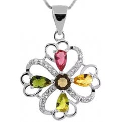Four Leaf Clover shape Silver Flower Necklace With Colourful Birth Stones