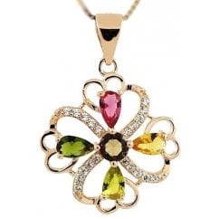 Four Leaf Clover shape Silver Flower Necklace With Colourful Birth Stones -Rose Gold Plated 