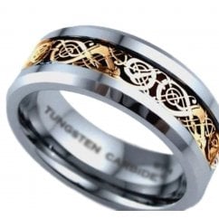 Gold Celtic Dragon Inlay Tungsten Carbide Comfort Fit Wedding Band Ring