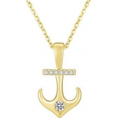 Gold Tone 925 Sterling Silver Anchor Necklace With Clear CZ