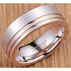 Gold Stripe Silver Men’s Tungsten Ring Band - 8mm