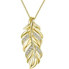 Gold Tone 925 Silver Feather Chain Necklace With Clear CZ 