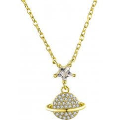 Gold Tone Planet Earth Sterling Silver and Cubic Zirconia Necklace