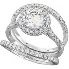 Halo Design 3 piece Round Cut CZ Sterling Silver Bridal Ring Set