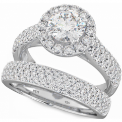 Halo Design 925 Sterling Silver Wedding Engagement Bridal Ring Set 