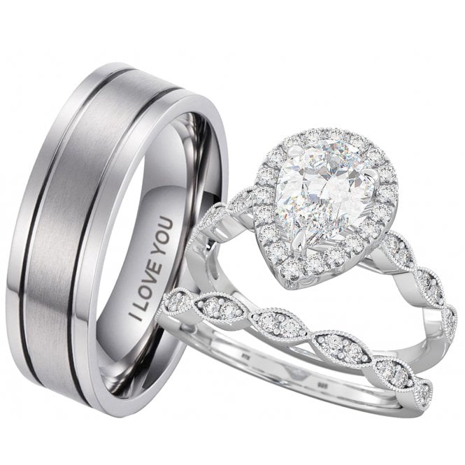 His and Hers 3-piece Couple Ring Set Titanium and Pear Cut 925 Sterling Silver