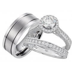 His and Hers 3-piece Ring Set Titanium and 925 Sterling Silver