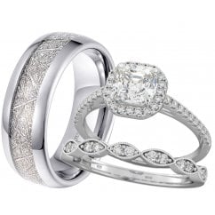 His and Hers 3-piece Ring Set Tungsten and 925 Sterling Silver
