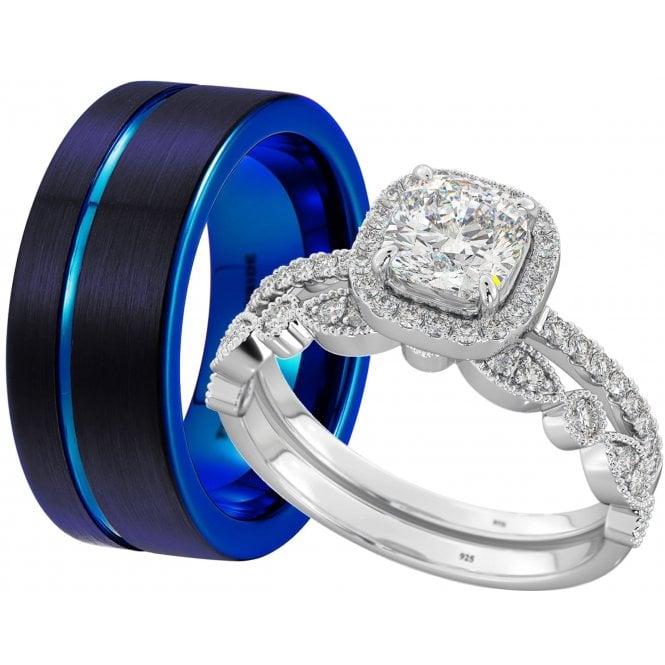 His and Hers Blue Tungsten Band & 925 Silver Couple Ring Set