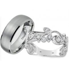 His And Hers Couple Rings Set - Titanium /925 Sterling Silver Wedding Engagement 