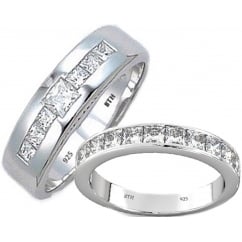 His and Hers Matching 925 Sterling Silver Wedding Engagement Couple Rings Set