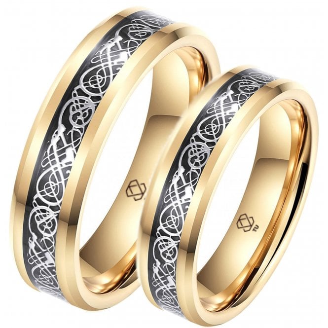His and Hers Matching Celtic Dragon Gold Tungsten Wedding Cuple Ring Set