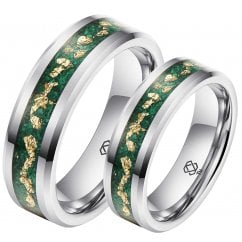 His And Hers Matching Gold Leaf & Green Malachite Inlay Couple Rings Set