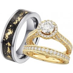 His and Hers Matching Gold Tone Couple Wedding Rings Set