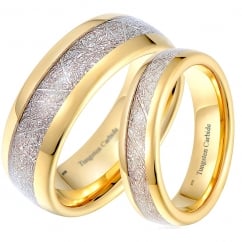 His and Hers Matching Gold Tone Tungsten Couple Rings Set - Meteorite Inlay