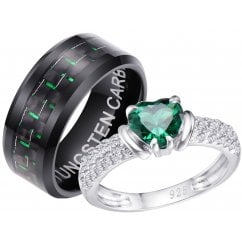 His and Hers Matching Green Tungsten Couple Rings Set