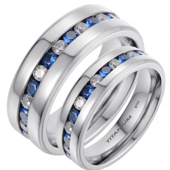 His and Hers Matching Titanium Blue Sapphire Wedding Couple Rings Set