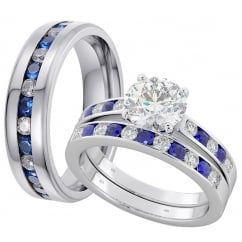 His and Hers Matching Titanium /Silver Blue Wedding Engagement Couple Rings Set