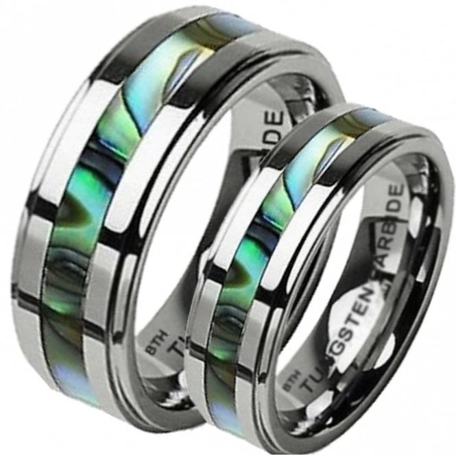 His and Hers Matching Tungsten Abalone Shell Couple Ring Set