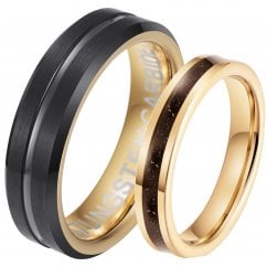 His and Hers Matching Tungsten Carbide Gold & Black Couple Ring Set