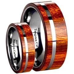 His and Hers Matching Tungsten Carbide KOA Wood Inlay Wedding Engagement Couple Rings Set