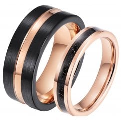 His and Hers Matching Tungsten Carbide Rose Gold & Black Couple Ring Set