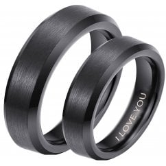 His and Hers Matching Tungsten Couple Rings Set Engraved with ‘I Love You’