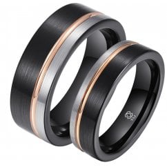 His and Hers Matching Tungsten Gold & Black Couple Ring Set