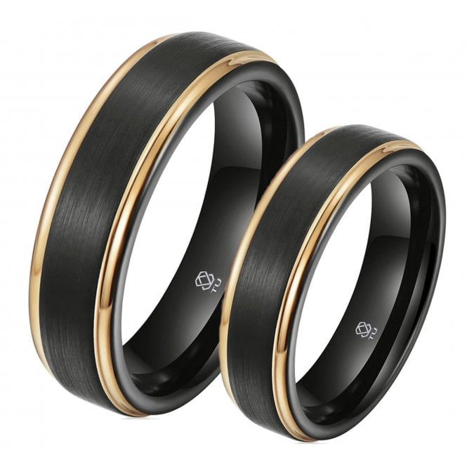 His and Hers Matching Tungsten Gold & Black Couple Ring Set