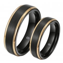 His and Hers Matching Tungsten Gold & Black Couple Ring Set