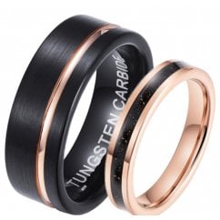 His and Hers Matching Tungsten Rose Gold & Black Couple Ring Set