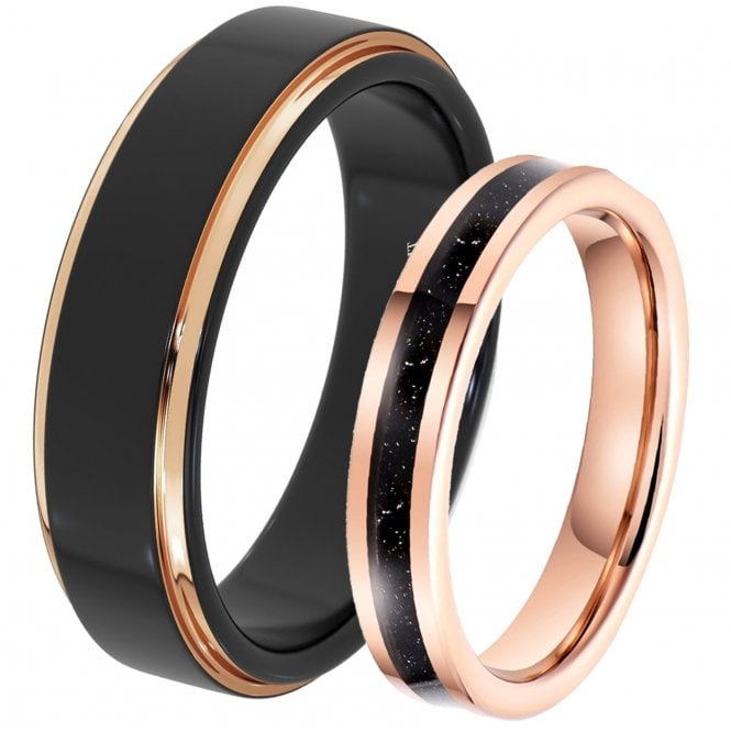 His and Hers Matching Tungsten Rose Gold & Black Couple Ring Set