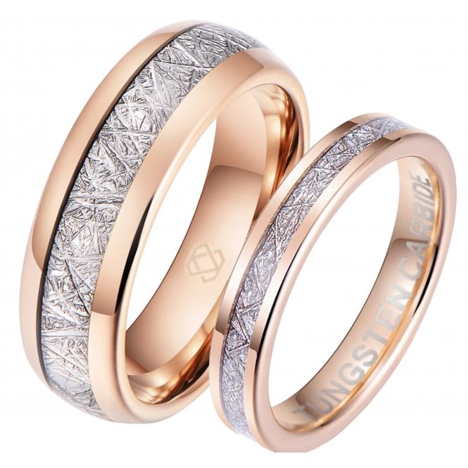 His and Hers Matching Tungsten Rose Gold Meteorite Couple Ring Set