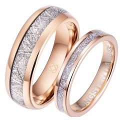 His and Hers Matching Tungsten Rose Gold Meteorite Couple Ring Set