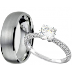 His and Hers Set - Titanium/Sterling Silver Wedding Engagement Couple Rings Set