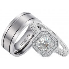 His and Hers Titanium/925 Sterling Silver 2pcs Couple Rings Set
