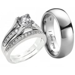 His and Hers Titanium/925 Sterling Silver 3pcs Couple Rings Set