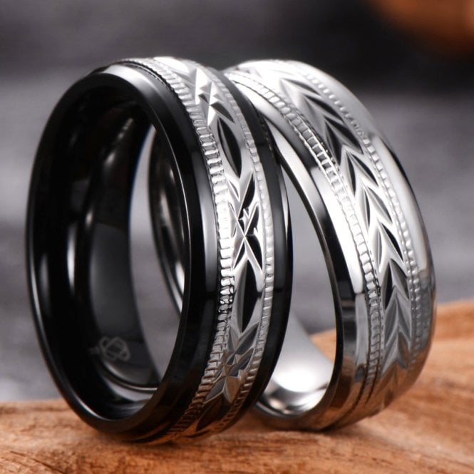 His & Hers Matching Black And Silver Titanium Couple Rings Set
