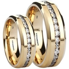 His Hers Titanium Cubic Zirconia Matching Gold Tone Couple Ring Set