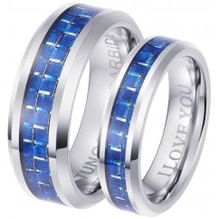I Love You His and Hers Matching Tungsten Couple Rings Set -Blue Carbon Inlay