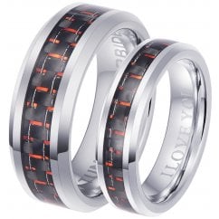 I Love You His and Hers Matching Tungsten Couple Rings Set -Red Carbon Inlay