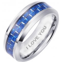 I LOVE YOU Tungsten Wedding Engagement Band Ring With Blue Carbon Inlay