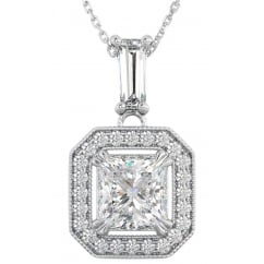 Ladies 925 Sterling Silver Asscher Cut Halo Cubic Zirconia Pendant Necklace