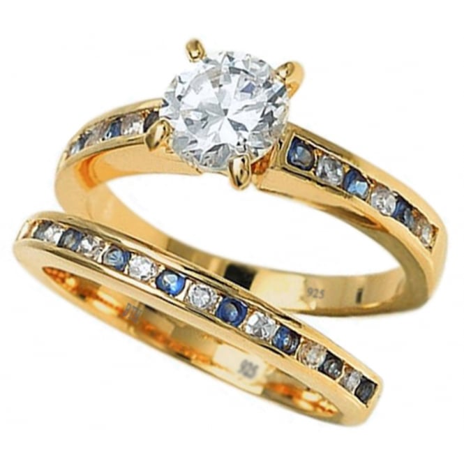 Ladies Blue Sapphire Cubic Zirconia Gold Tone Sterling Silver Ring Set 
