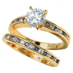 Ladies Blue Sapphire Cubic Zirconia Gold Tone Sterling Silver Ring Set 