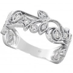 Ladies Floral Filigree Silver Wedding Band Ring 