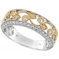 Ladies Gold Tone Floral Filigree Silver Band Ring 