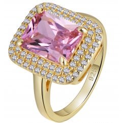 Ladies Halo Emerald Cut Pink Sapphire Silver Ring 