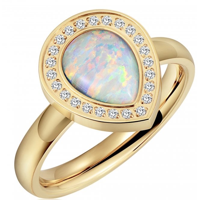 Ladies Opal Halo Ring – Pear Cut Teardrop in Gold-Tone Titanium