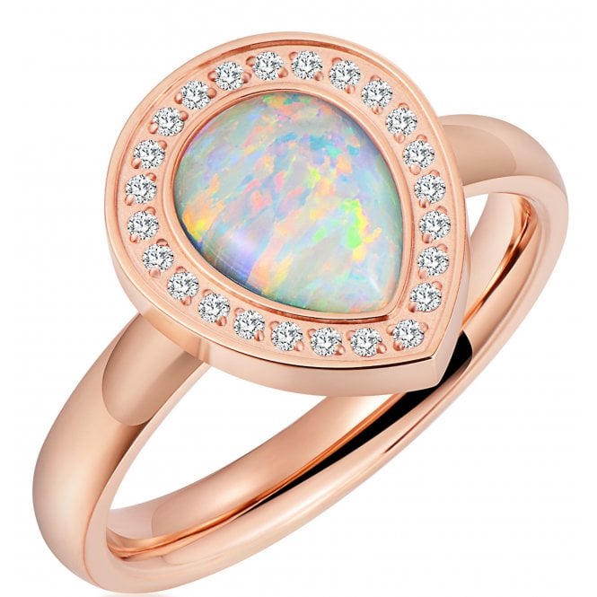 Ladies Opal Halo Titanium Ring – Pear Cut Teardrop - Rose Gold-Tone 